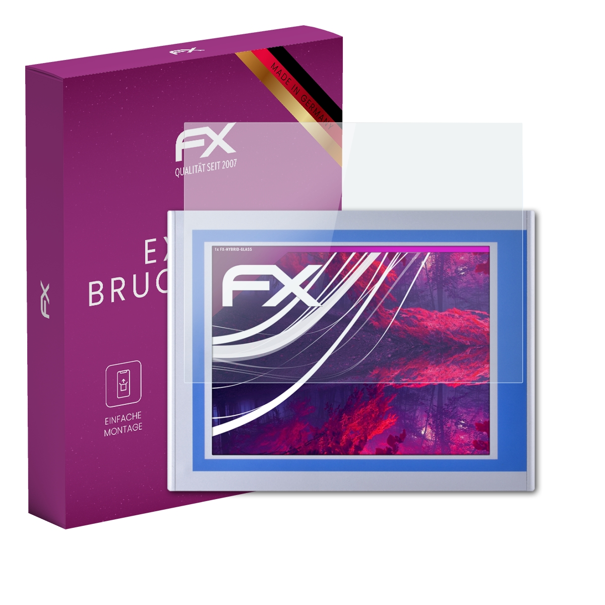 Ein Tablet mit Displayschutz und Schachtel. Die Schachtel ist lila. Das Tablet hat ein farbenfrohes Bild auf dem Bildschirm.