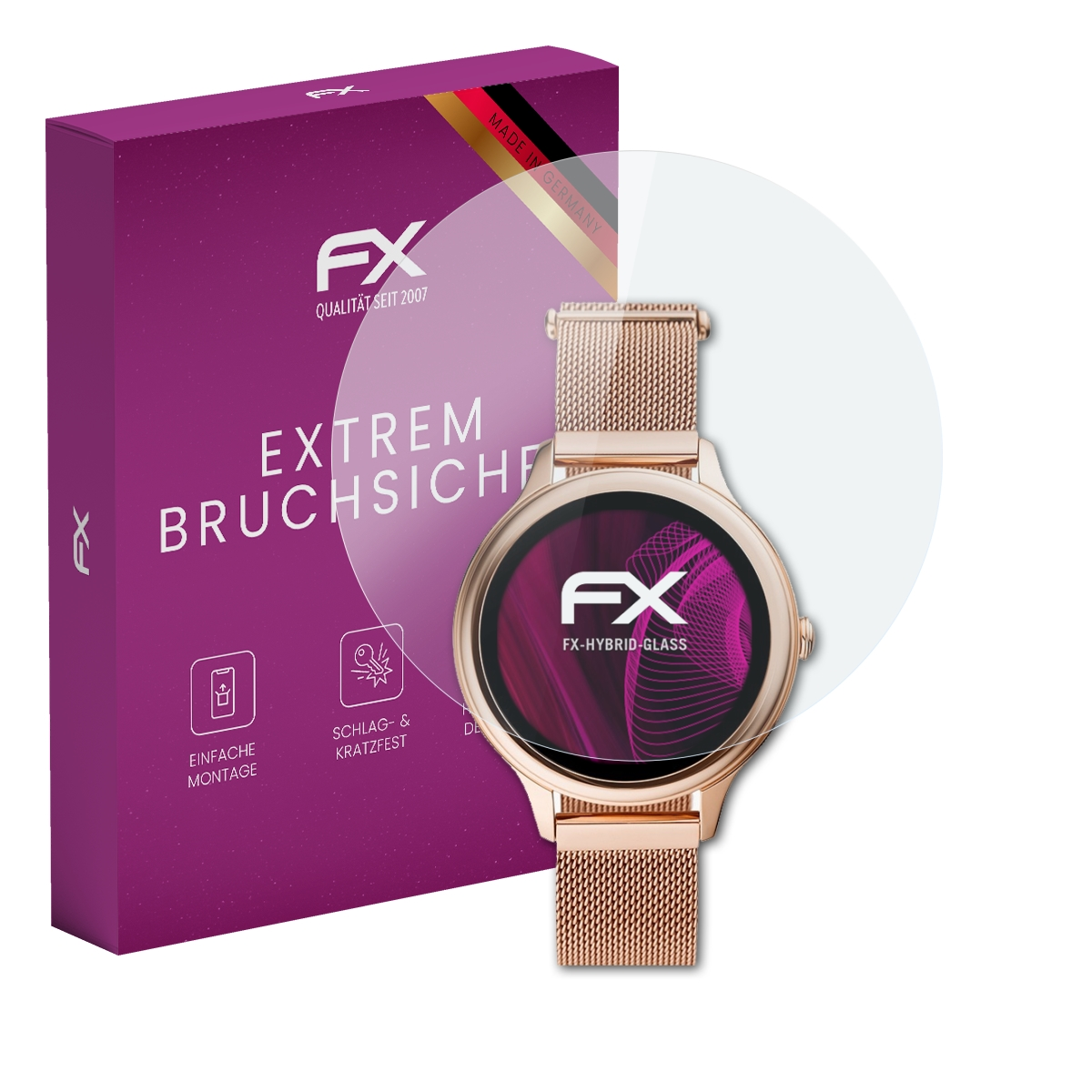 Smartwatch mit Displayschutz und Box. Die Box ist lila und hat weißen Text.