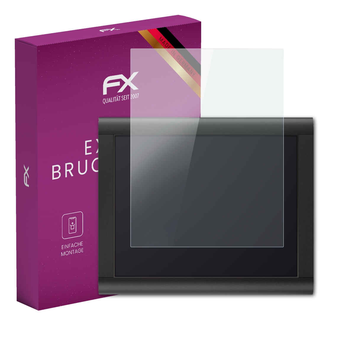 Ein Tablet mit Displayschutzfolie neben einer lilafarbenen Box. Auf der Box steht Extrem Bruch, FX und Made in Germany.
