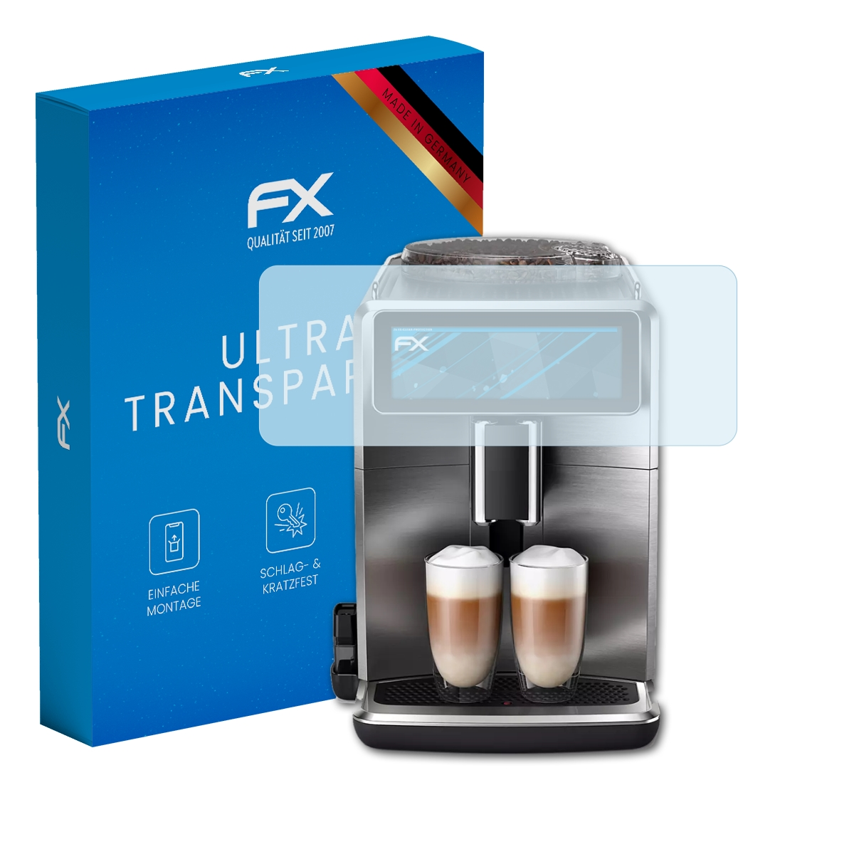 Blaue Box, Kaffeemaschine mit Displayschutz und deutschem Text.