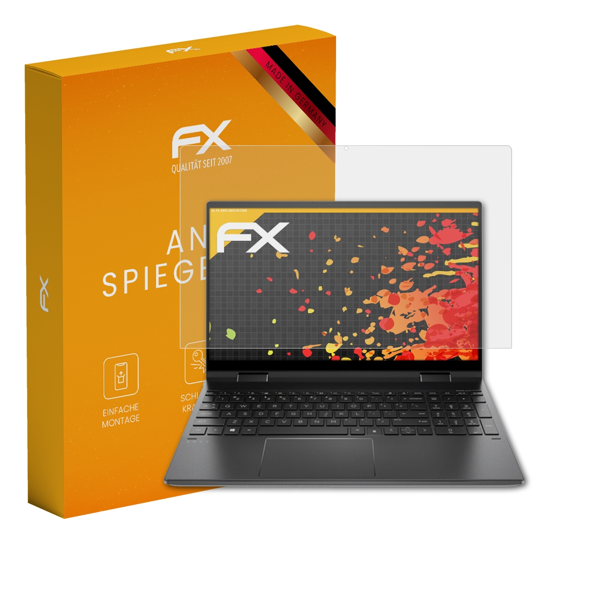 Ein Laptop mit Displayschutzfolie neben einer orangefarbenen Box. Auf der Box steht Anti Spiegelung, FX und Made in Germany.