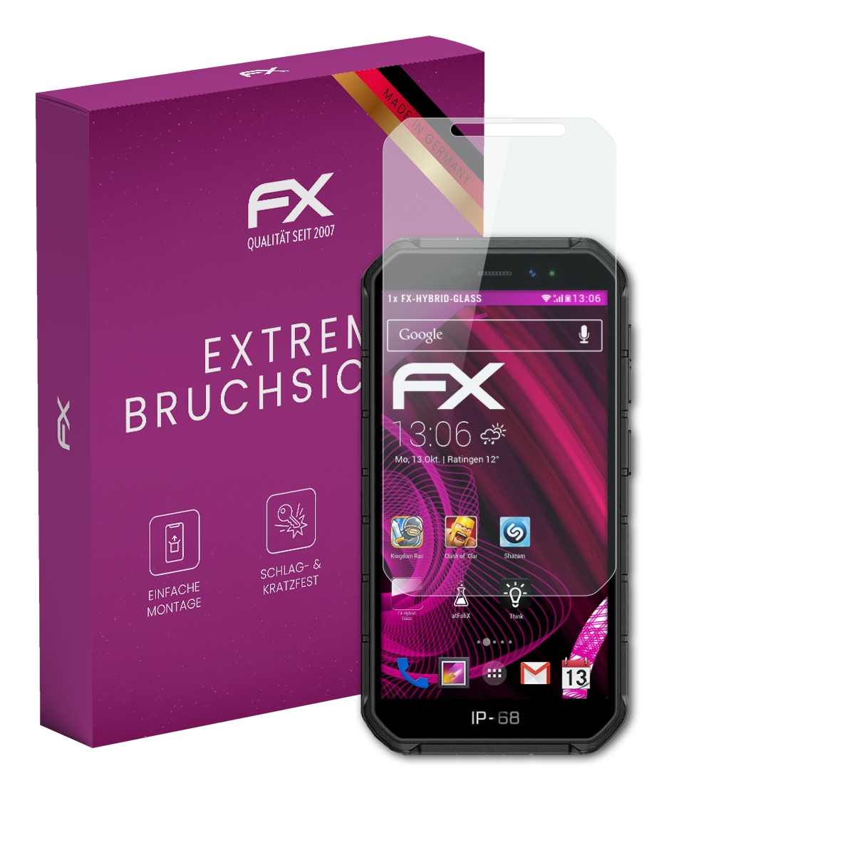 Lila Schachtel mit Displayschutzfolie. Ein Smartphone mit aufgebrachter Schutzfolie.