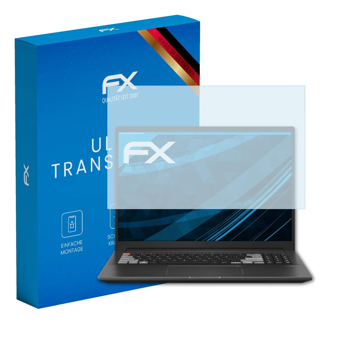 Blaue Schachtel mit Displayschutzfolie. Ein Laptop mit aufgebrachter Schutzfolie.