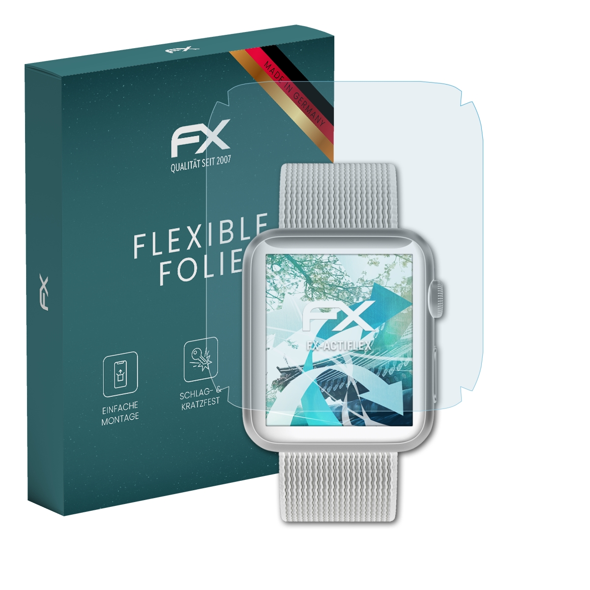Eine türkisfarbene Box mit Displayschutzfolie und einer Smartwatch. Die Box hat das FX-Logo. Die Schutzfolie ist transparent.
