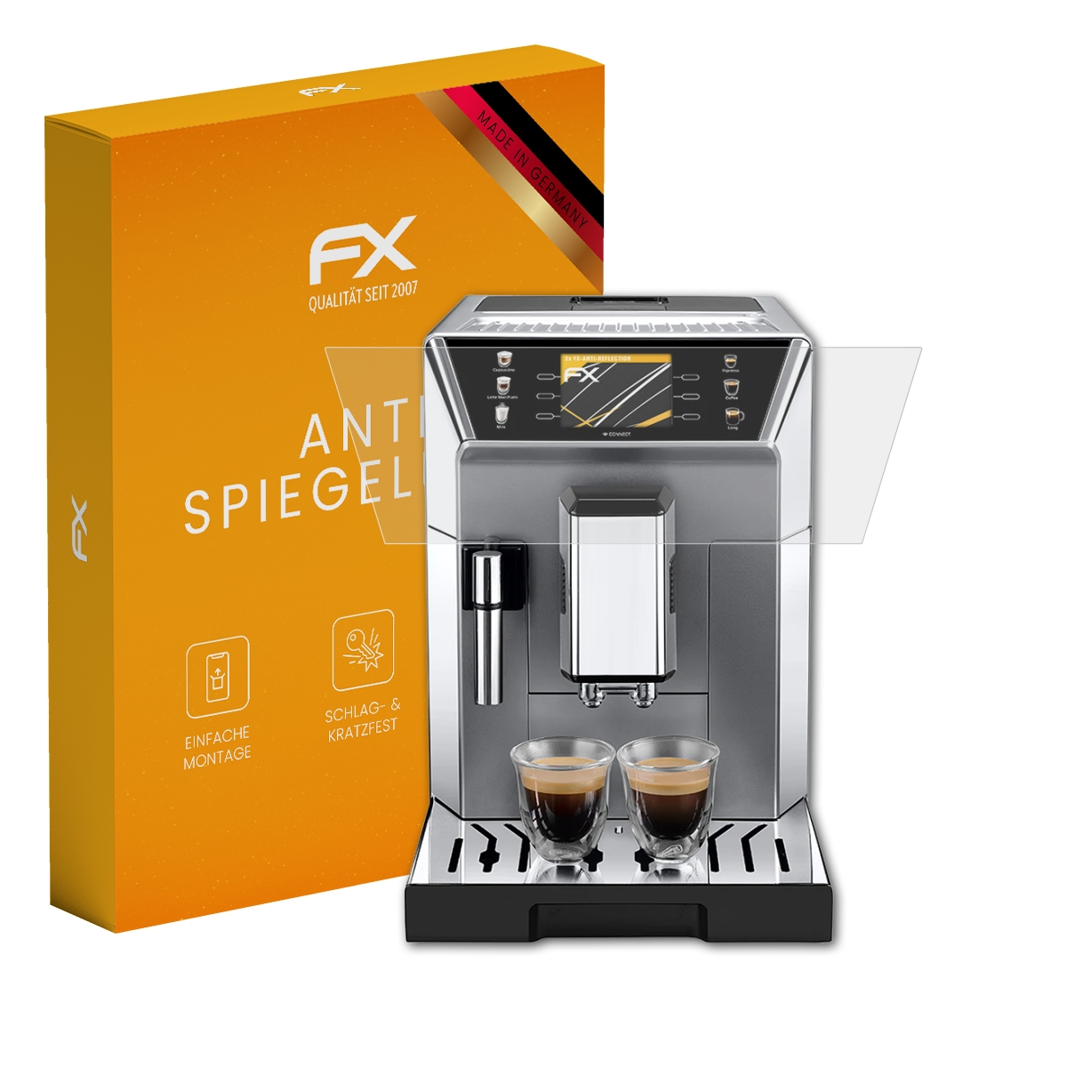 Kaffeemaschine mit Displayschutz, orange Box mit Produktdetails links.