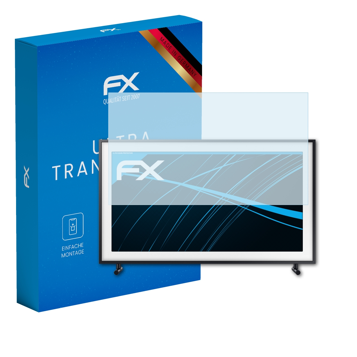 Ein schwarzer Fernseher mit Displayschutzfolie neben einer blauen FX-Verpackung.
