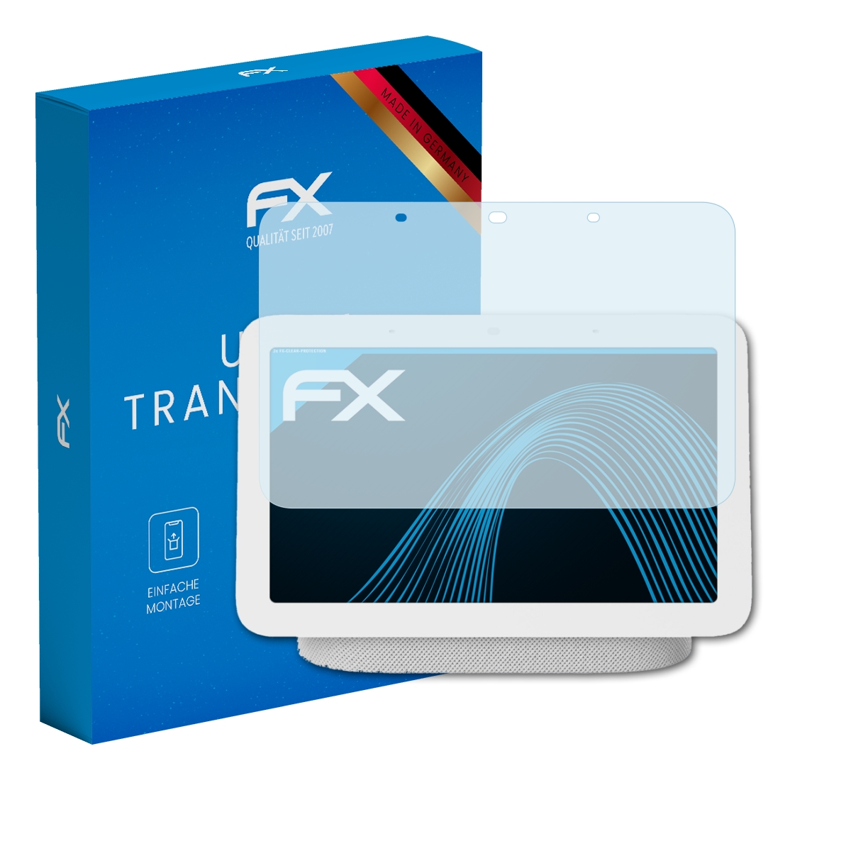 Bildschirmschutz und Box, Marke FX. Der Schutz befindet sich auf einem Smart-Home-Gerät mit weißer Basis und Display.
