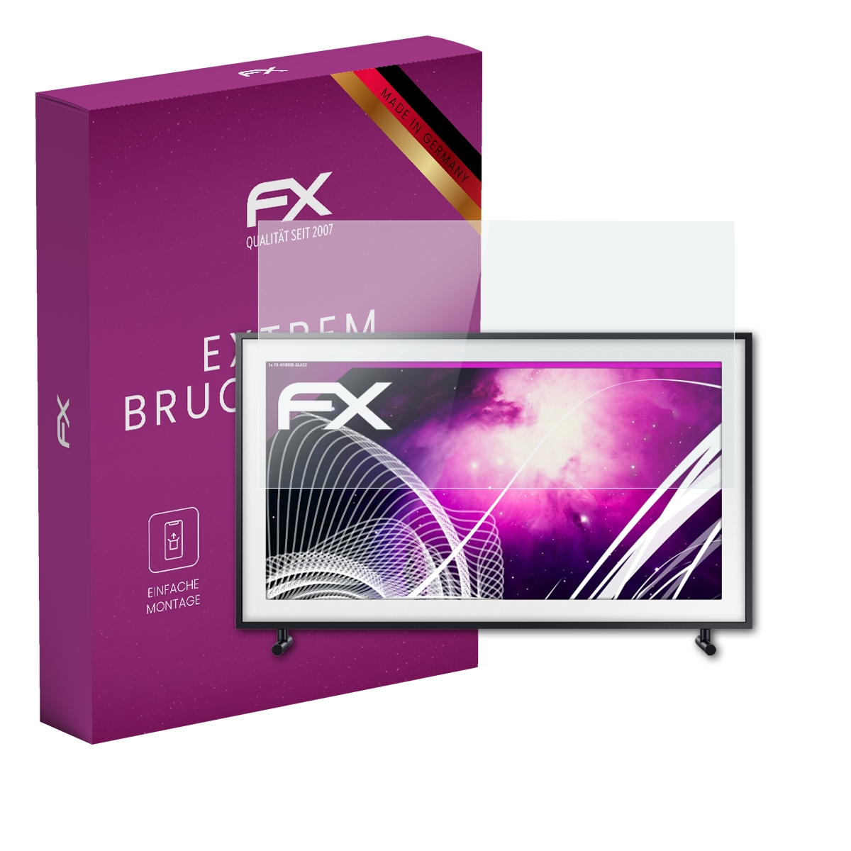 Bild zeigt Fernseher mit Displayschutz und Karton. Auf der Box steht 'Extreme Bruchsic'.