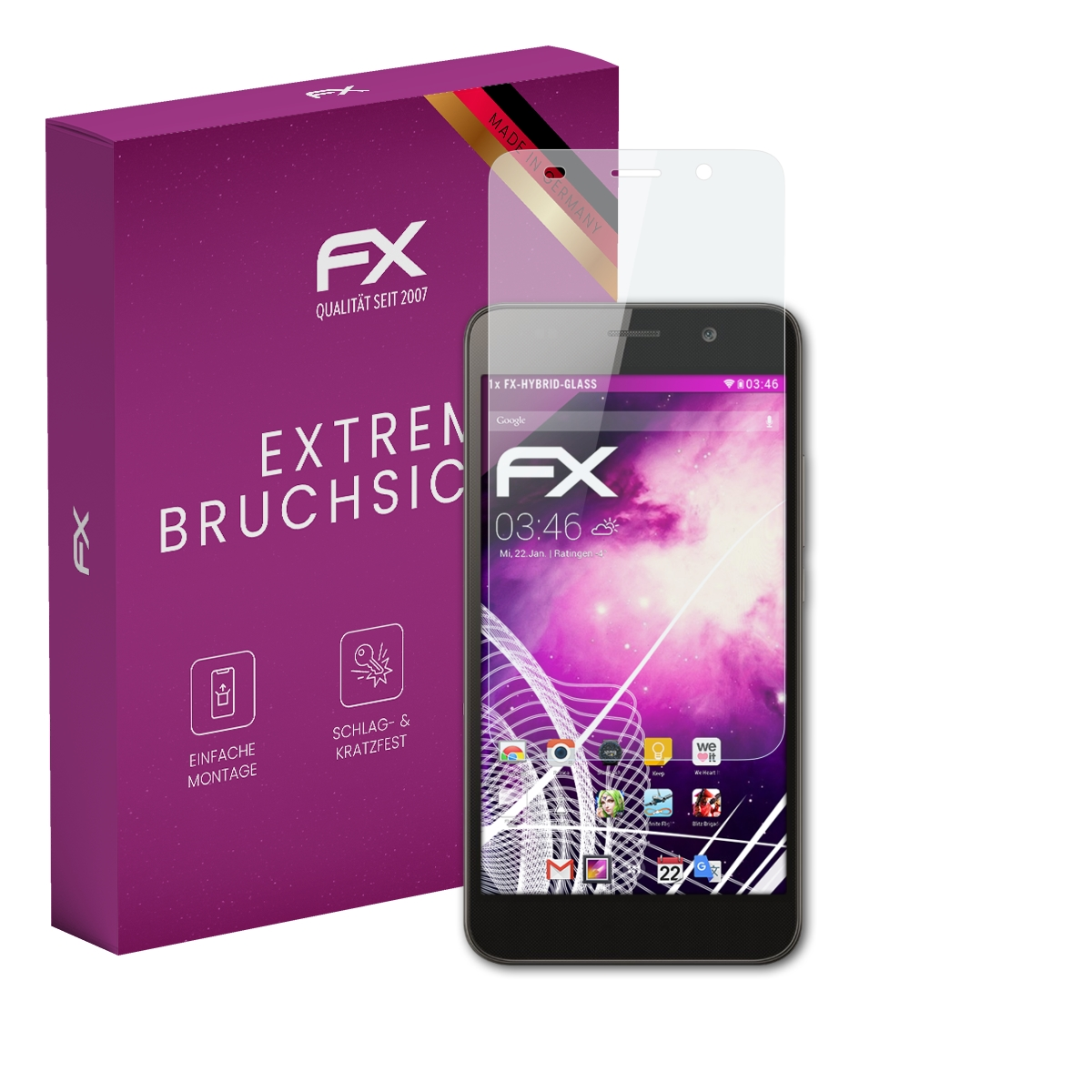 Bild zeigt Telefon mit Displayschutz und Karton. Auf der Box steht 'Extreme Bruchsic'.