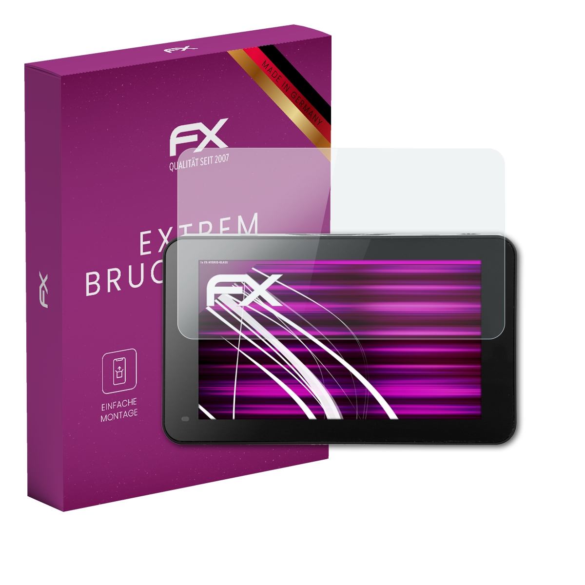 Bild zeigt Tablet mit Displayschutz und Karton. Auf der Box steht 'Extreme Bruchsic'.