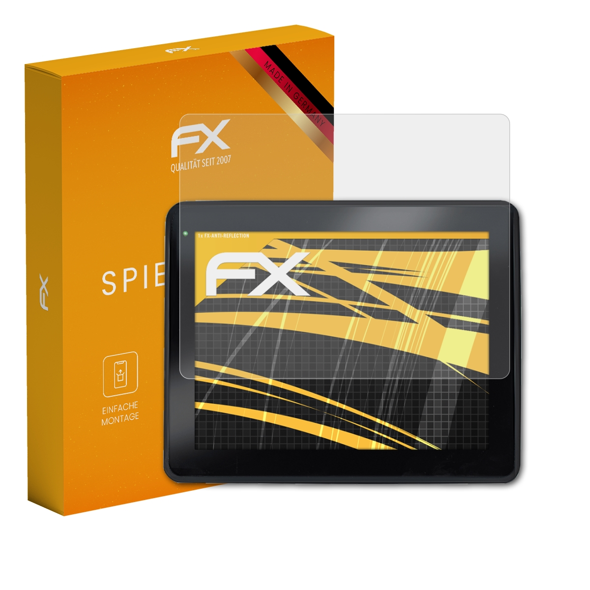 Tablet und orangefarbene Box mit Displayschutz. Tablet-Bildschirm zeigt einen gelben Farbverlauf.