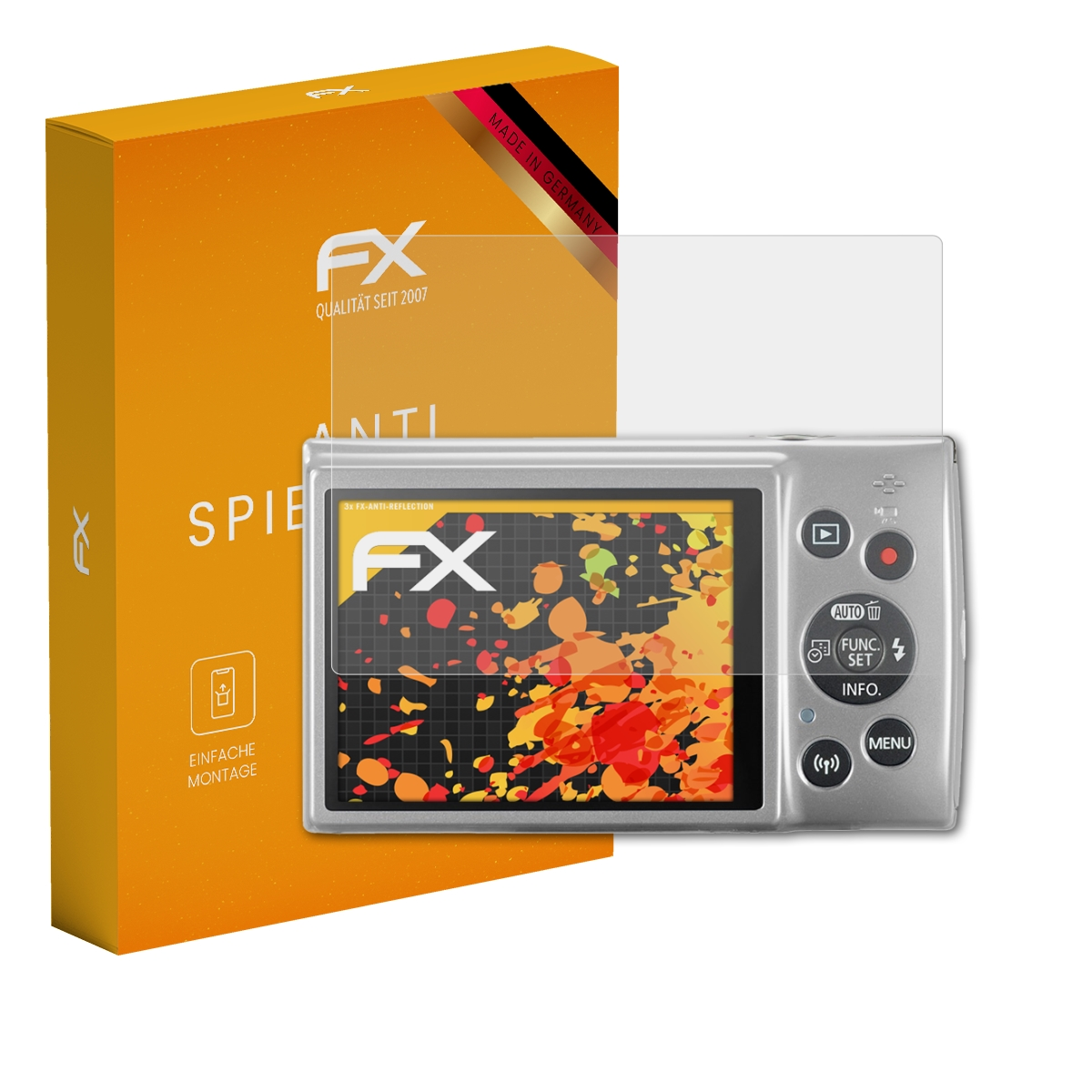 Eine Kamera und eine Displayschutzfolie befinden sich neben einer orangefarbenen Box mit Text.