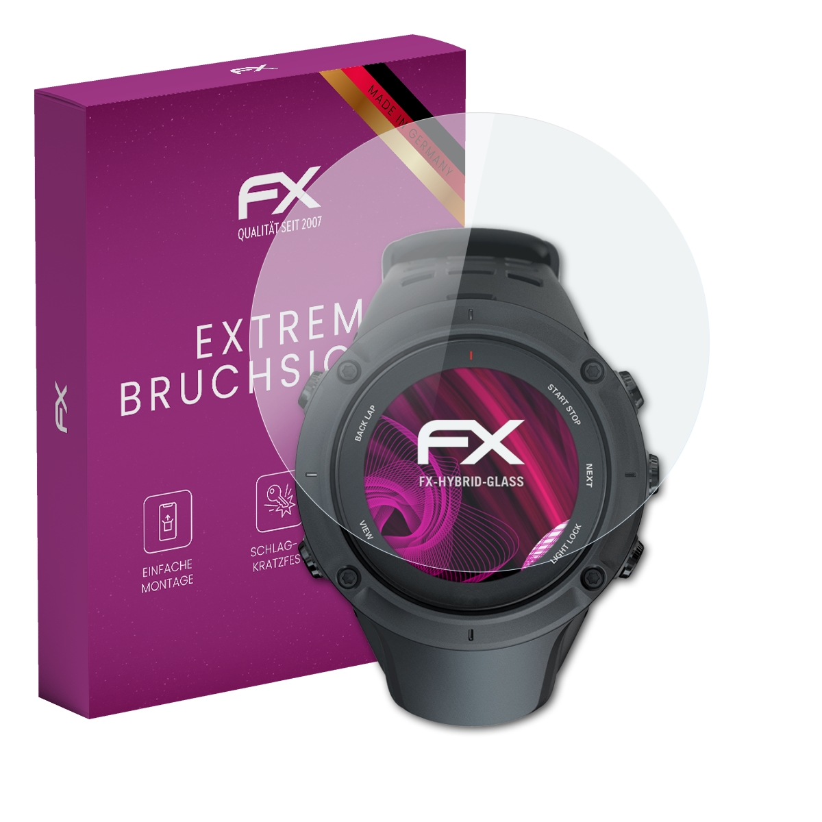 Smartwatch mit Displayschutzfolie und Box. Die Box ist lila mit weißem Text und Logo. Die Displayschutzfolie ist klar.