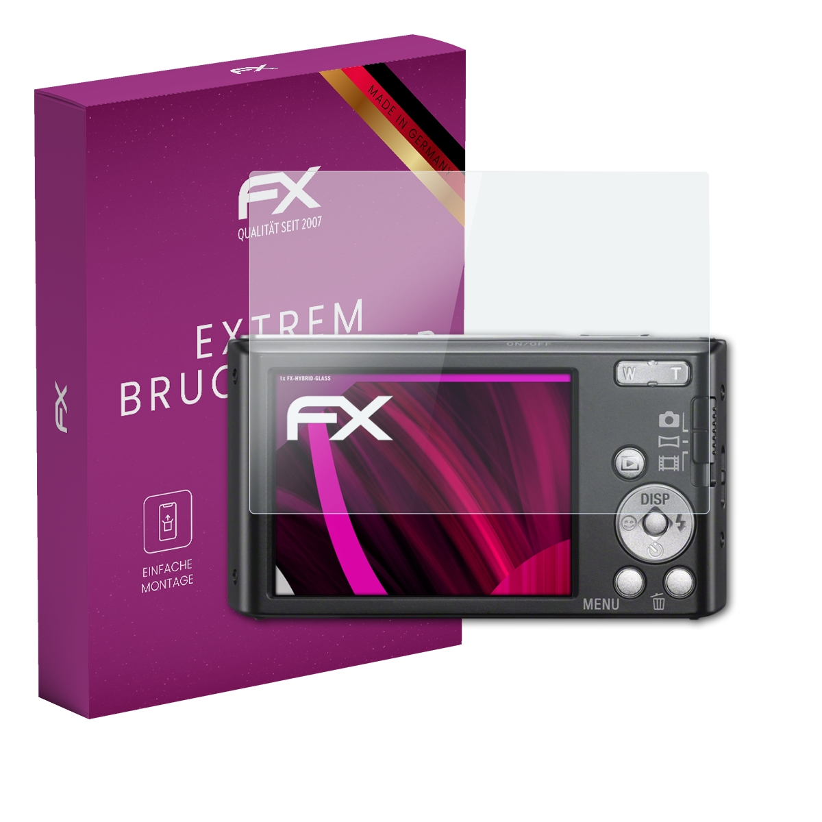 Kamera mit Displayschutz, FX-Box. Kamera zeigt schwarzes Menü mit Tasten.
