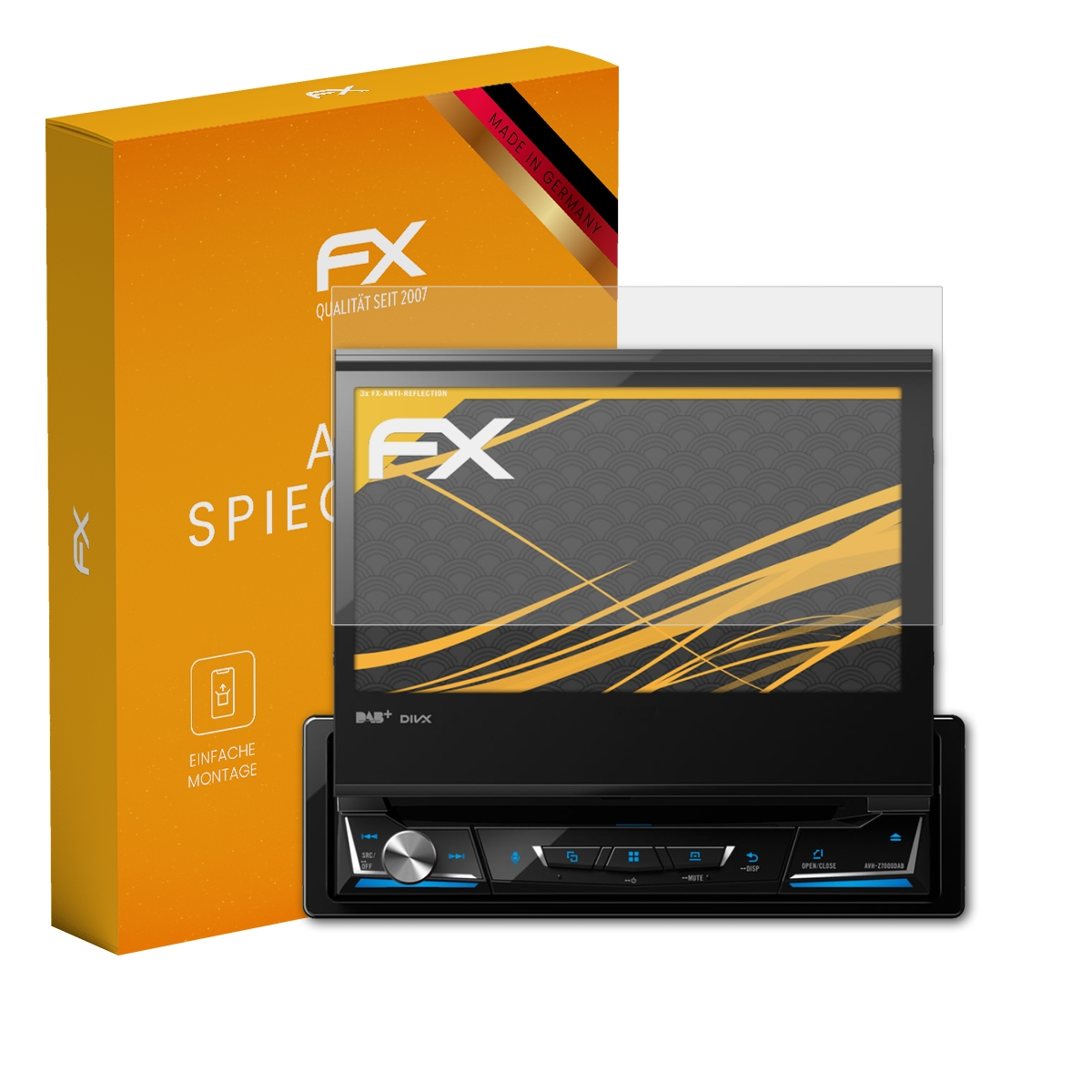 Autoradio und orangefarbene Box mit Displayschutz. Stereo-Bildschirm zeigt Oberfläche mit Tasten und Anzeige.