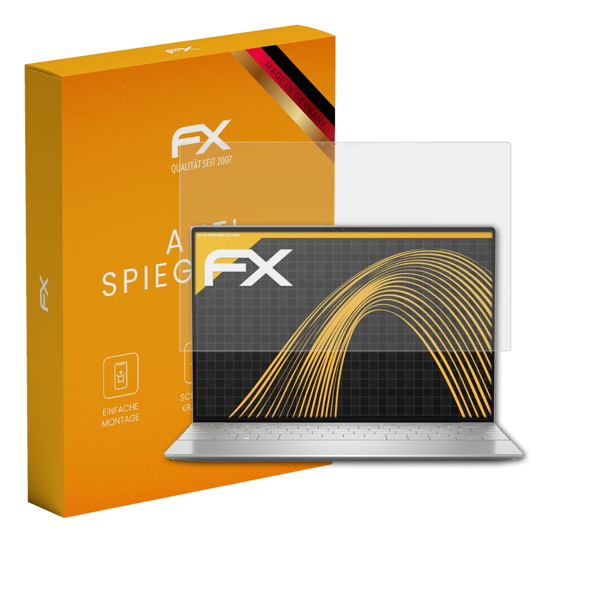 Orangefarbene Box und Laptop mit Displayschutz. Laptop-Bildschirm zeigt gelbes Design.