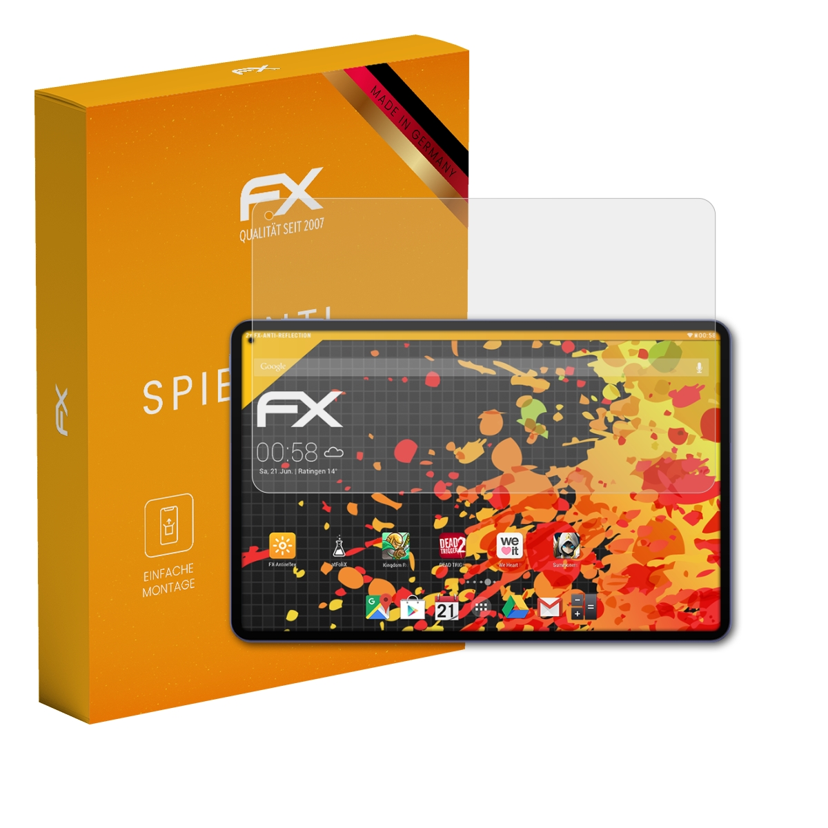 Tablet mit Displayschutz. Box links mit Text und Logo.
