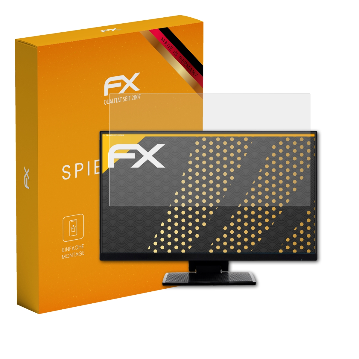 Ein Monitor mit Displayschutz und eine Schachtel mit dem FX-Logo.
