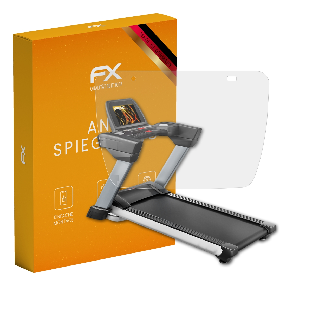 Orangefarbene Box und ein Laufband mit Displayschutz.