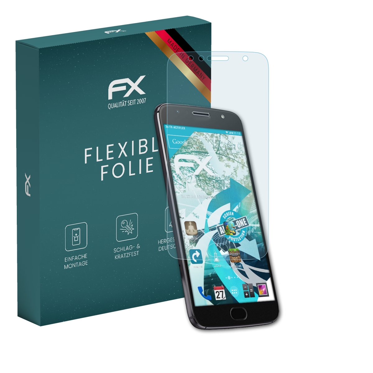 Ein schwarzes Telefon mit Displayschutzfolie, eine grüne Box mit deutschem Text und eine klare Displayschutzfolie.