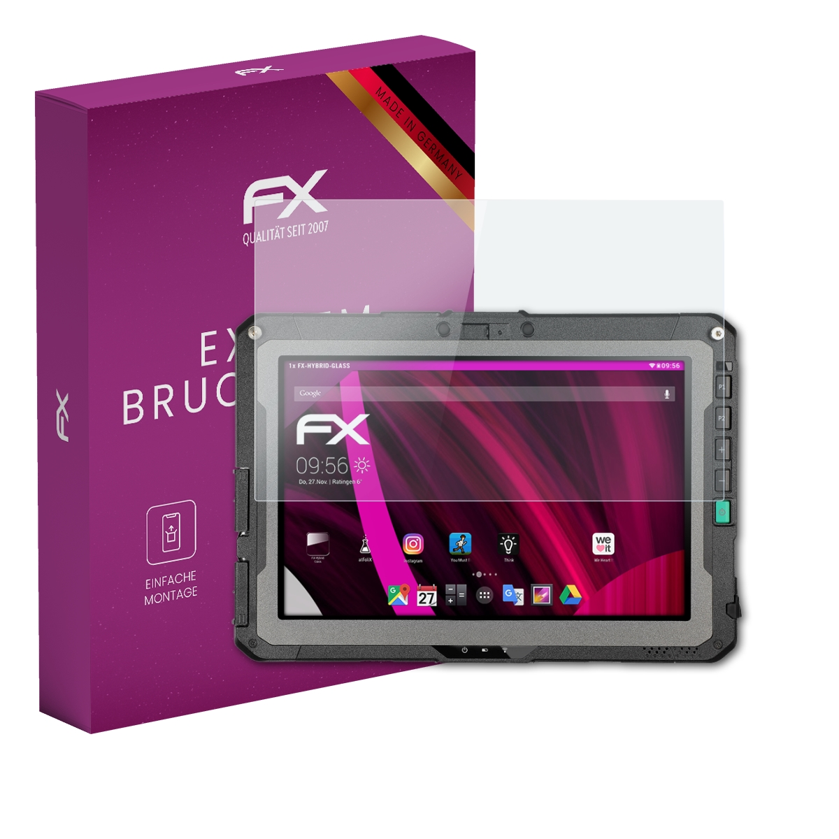 Ein Tablet mit Displayschutzfolie, eine lila Box mit deutschem Text und eine klare Displayschutzfolie.