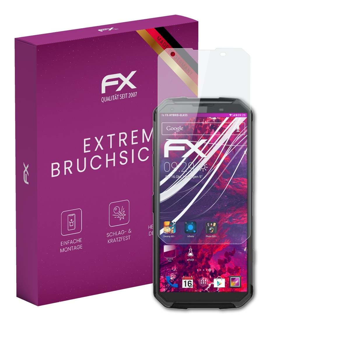 Smartphone mit Displayschutz und lila Schachtel. Der Bildschirm zeigt Zeit und Apps.