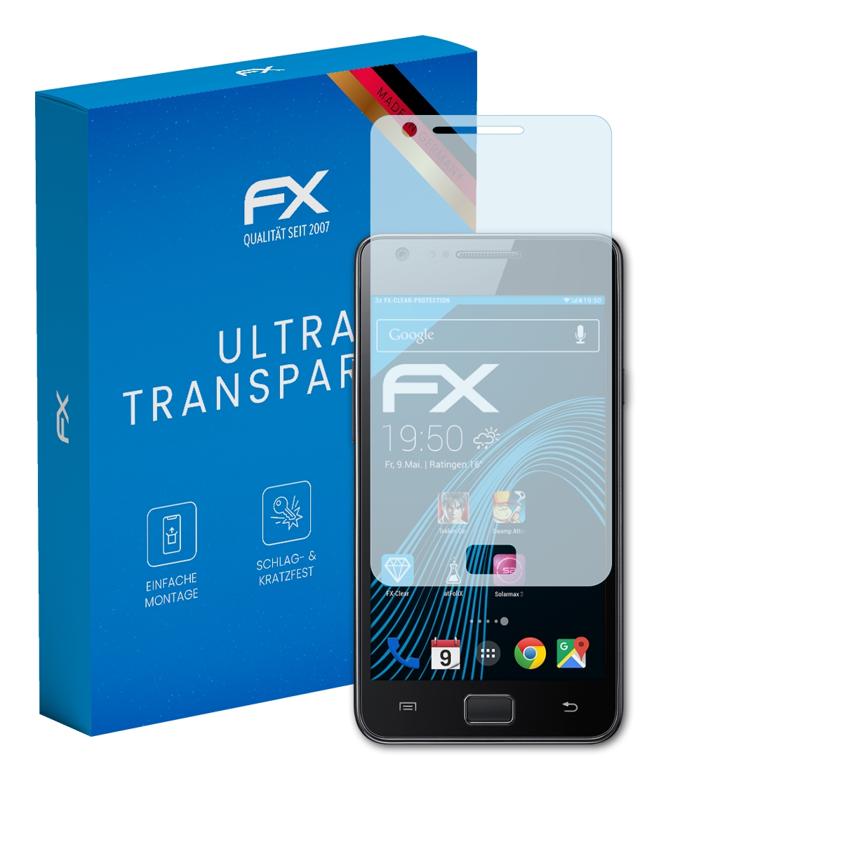 Smartphone mit Schutz und blauer Box. Auf der Box steht Ultra Transparent. Bildschirm zeigt Google. Made in Germany.