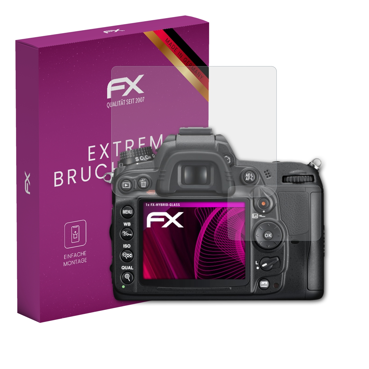 Kamera mit Displayschutz und lila Box, Marke FX.