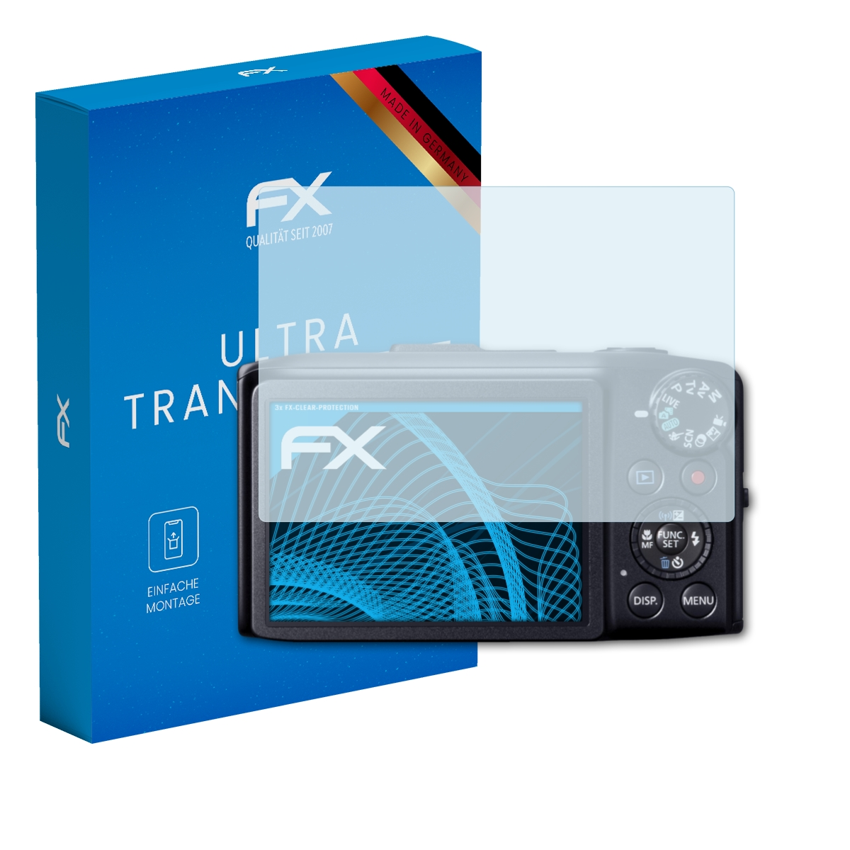 Kamera mit Displayschutz und blauer Box, Marke FX.