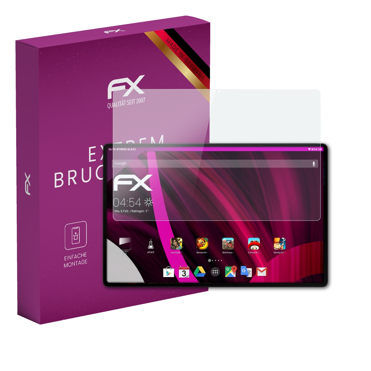 Tablet mit Displayschutz und lila Box, Marke FX.