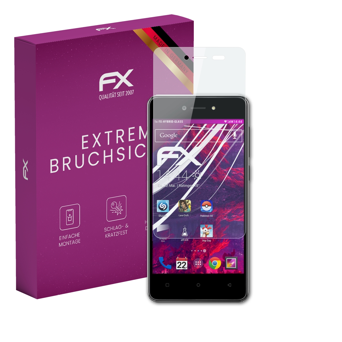 Smartphone und Displayschutz, mit lila Box. Hergestellt in Deutschland. Der Schutz hat FX-Logo.