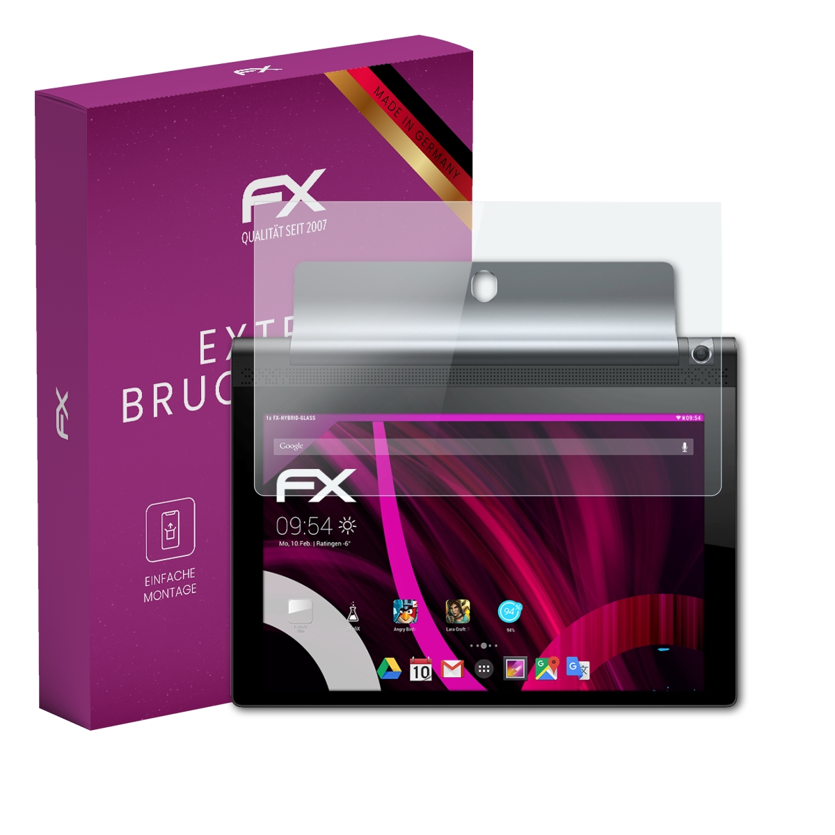 Eine lila Box mit Text und Displayschutz über einem Tablet.