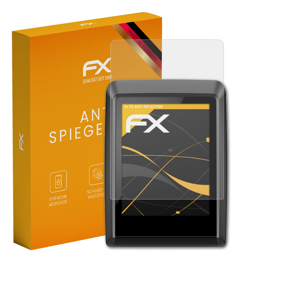 Eine orangefarbene Schachtel und ein schwarzer E-Reader mit Displayschutz. Beide zeigen das FX-Logo.
