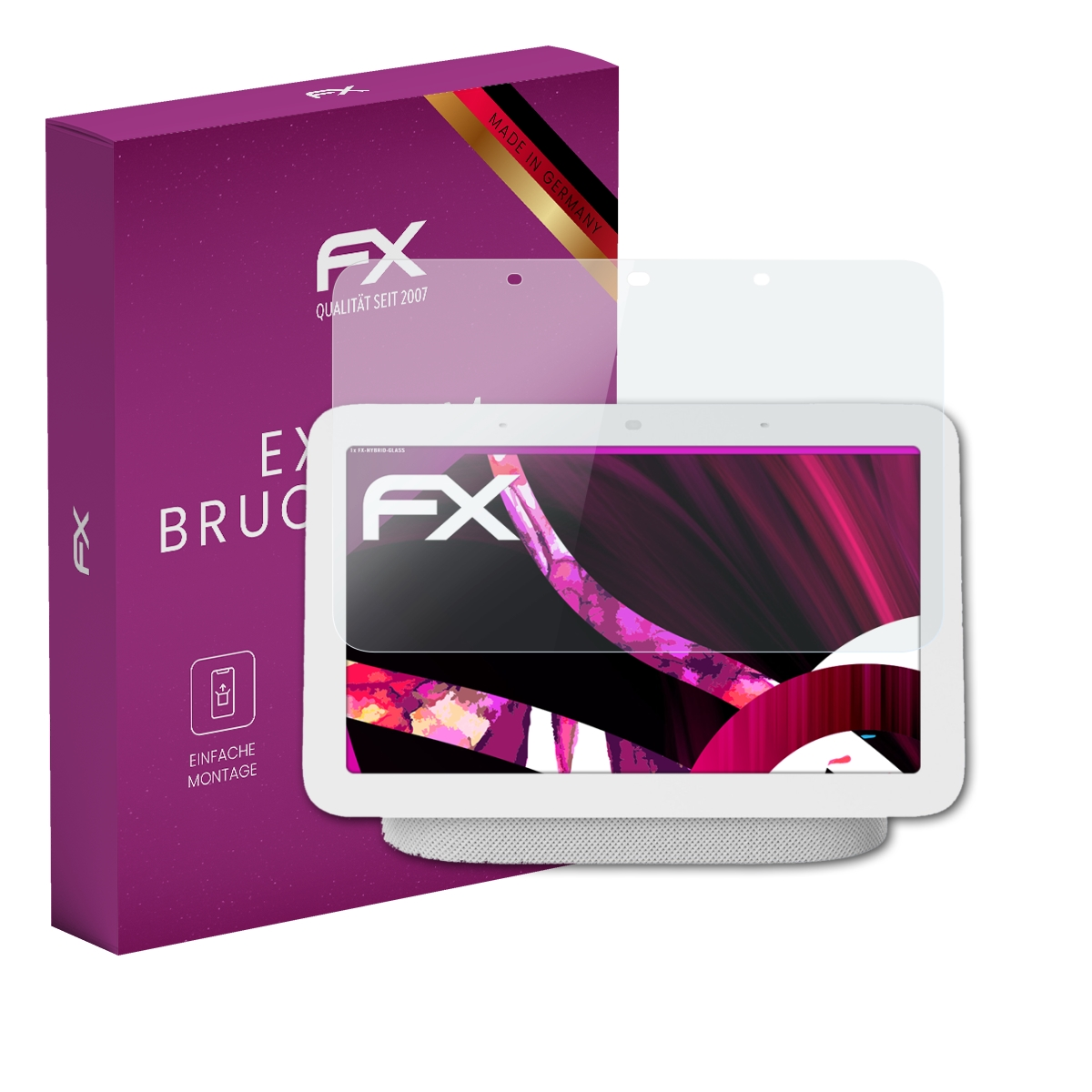 Eine lilafarbene Schachtel und ein Smart Display mit Displayschutz. Beide haben das FX-Logo.