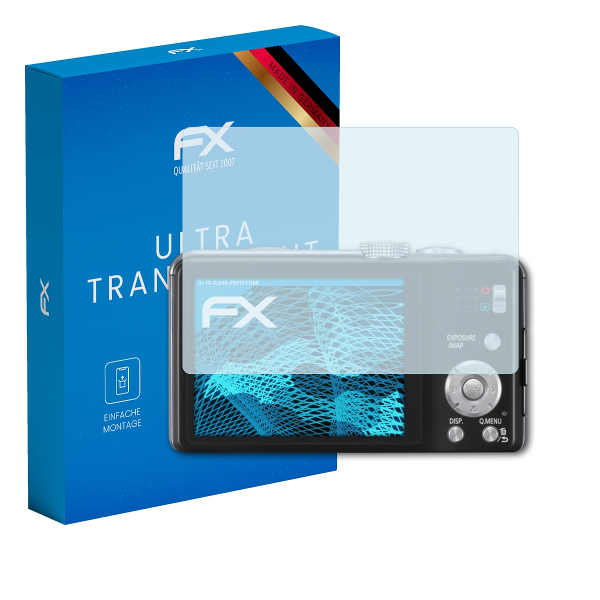 Kamera mit Displayschutz und Box. Ultra transparent, Made in Germany. Anzeige zeigt Blau.