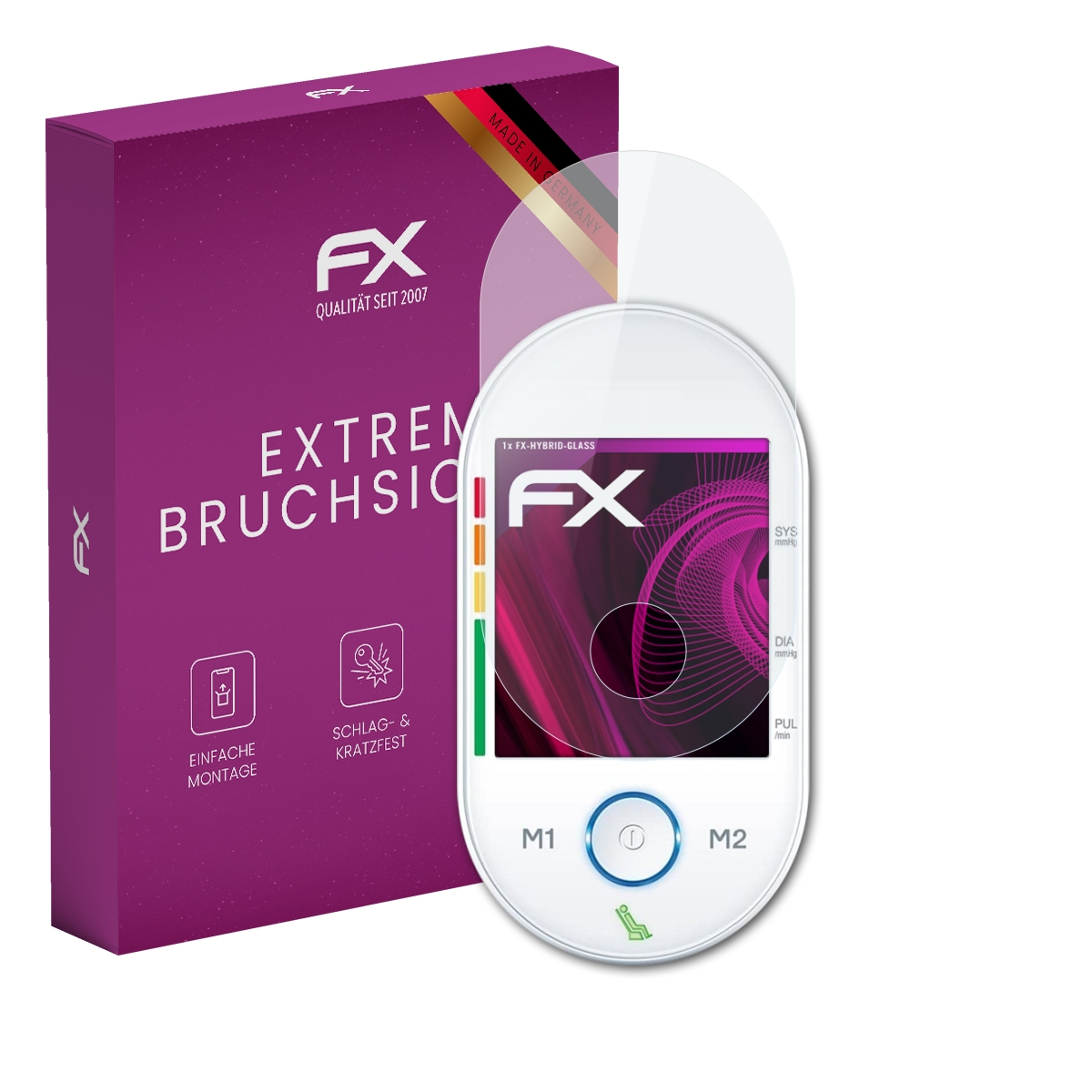 Medizingerät und Displayschutzfolie vor einer violetten Box. Die Box hat FX-Logo, 'Made in Germany'.