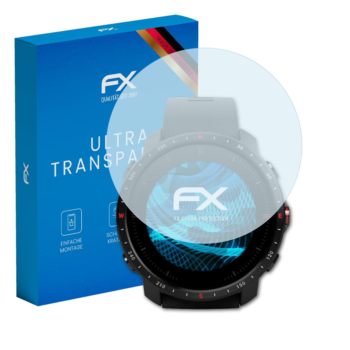 Smartwatch mit Displayschutz, blaue Box mit deutschem Text und FX-Logo.