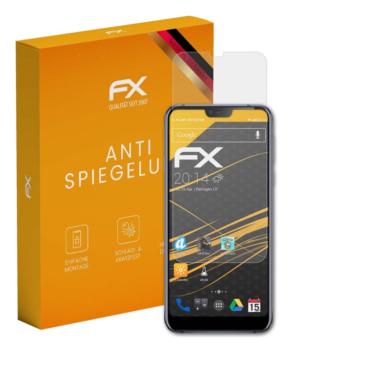 Smartphone mit orangefarbener Box, Displayschutz. Der Bildschirm zeigt Zeit und Apps.