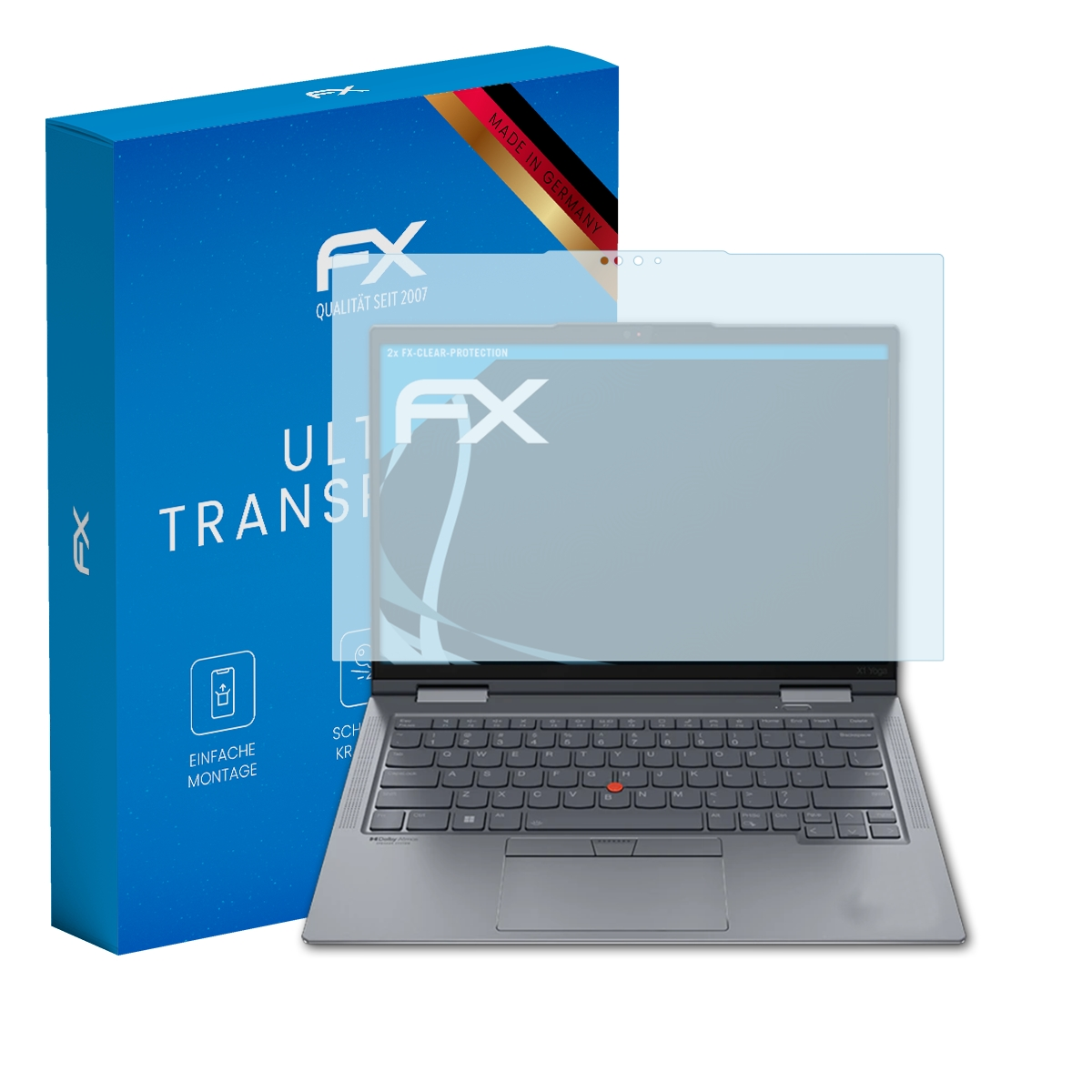 Laptop mit Displayschutz und blauer Box. Der Bildschirm ist sichtbar.