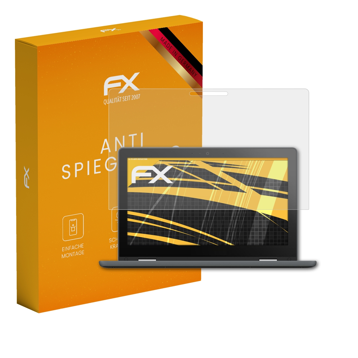 Ein Laptop mit Displayschutzfolie neben einer Schachtel mit der Aufschrift 'ANTI SPIEGEL'.