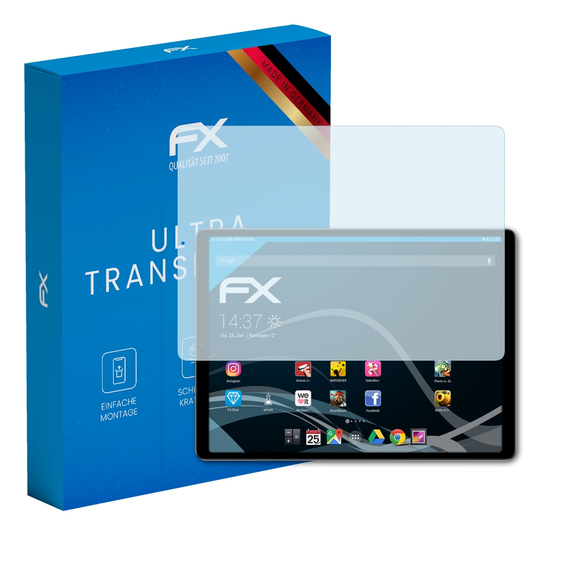 Blauer Karton mit Tablet und Displayschutz. Karton trägt 'Ultra Transparent'. Tablet zeigt App-Oberfläche.
