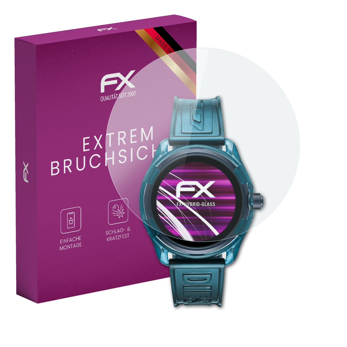 Lila Karton mit Smartwatch und Displayschutz. Karton trägt 'Extrem Bruchsich'. Uhr ist türkis.
