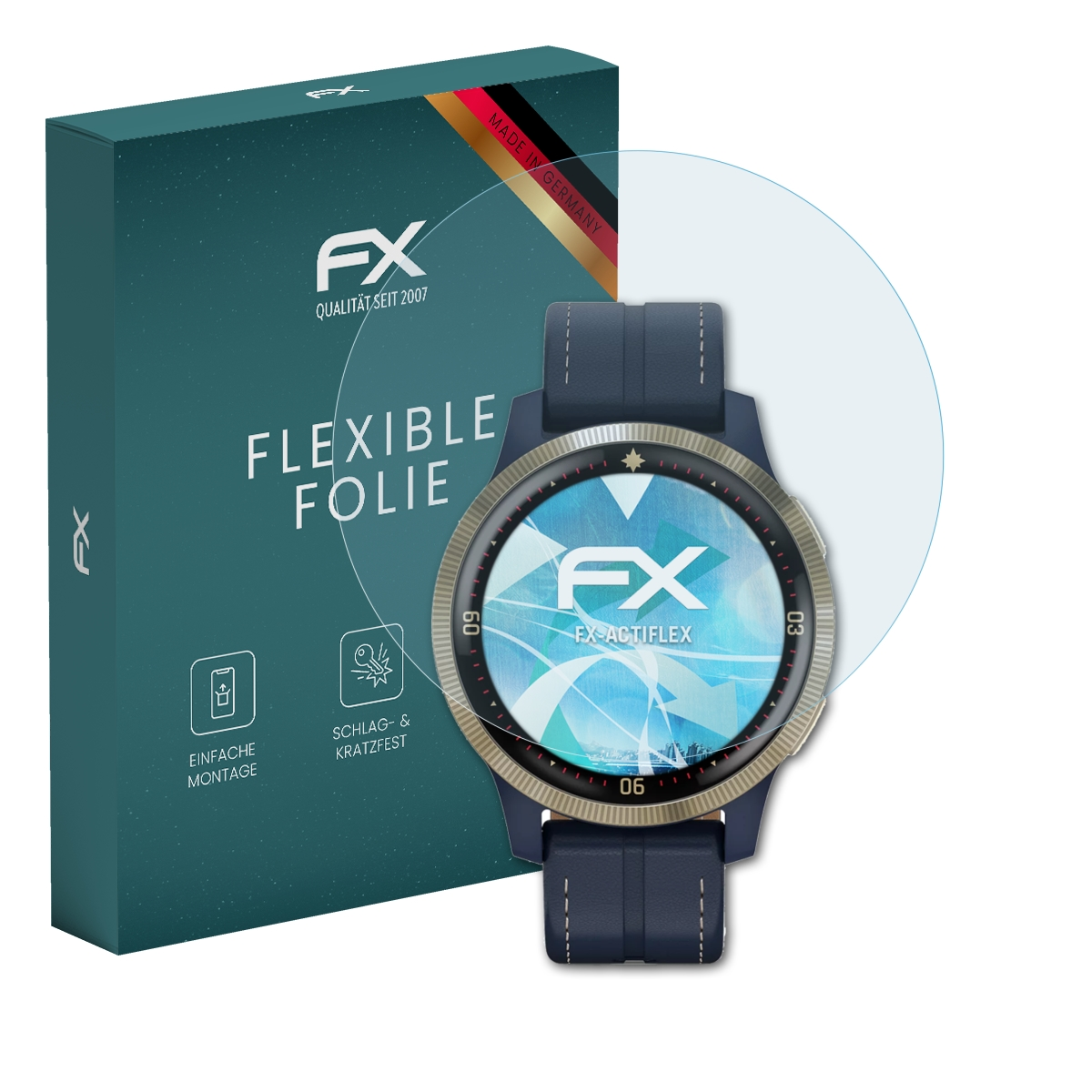 Smartwatch mit Displayschutz. Links ist eine Box mit Text und Logo.