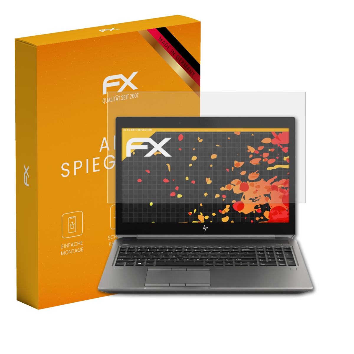 Laptop mit Displayschutz. Links ist eine Box mit Text und Logo.