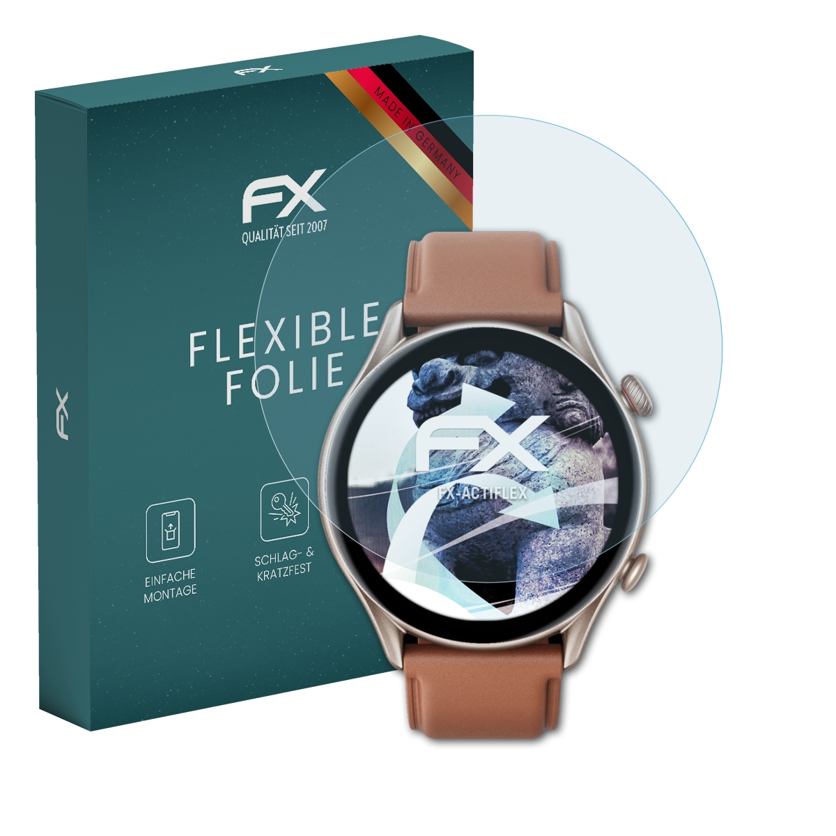 Eine Uhr mit Displayschutzfolie befindet sich neben einer Produktbox. Die Uhr ist rund und hat ein braunes Armband.