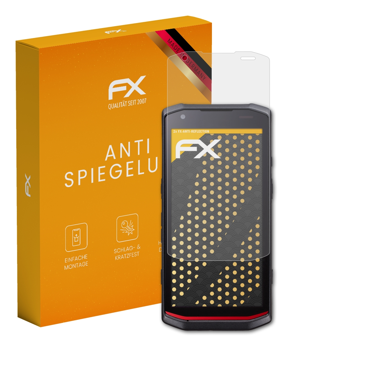 Ein robustes Telefon mit Displayschutzfolie und einer Schachtel der gleichen Marke. Das Telefon ist schwarz und rot.