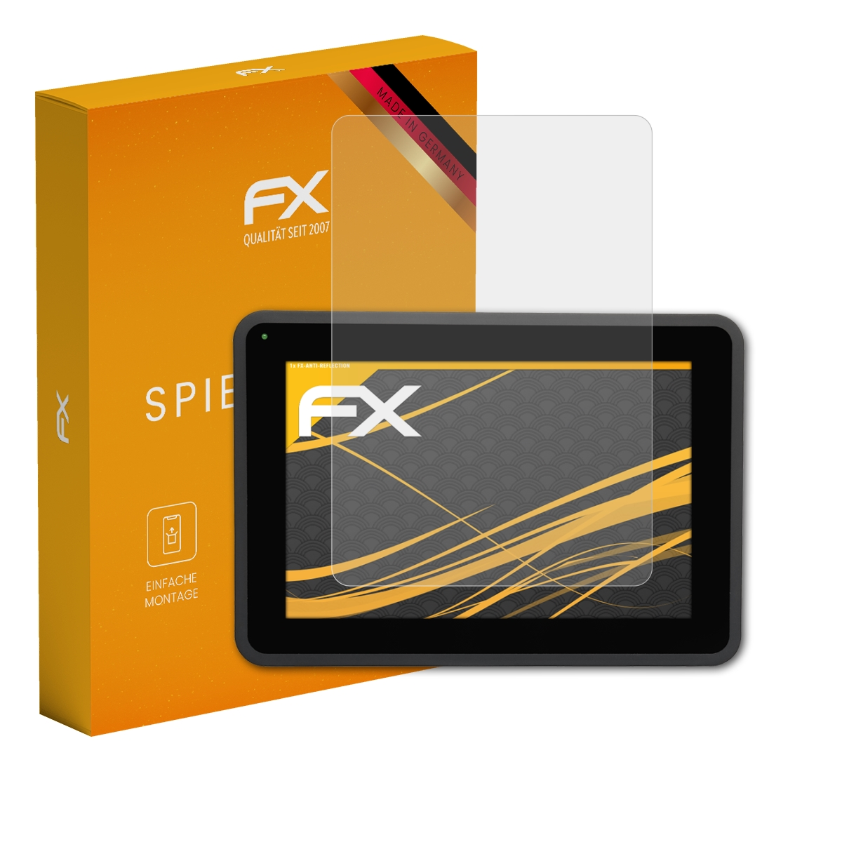 Ein Tablet und ein Displayschutz liegen neben einer gelben Box mit Text und Symbolen.