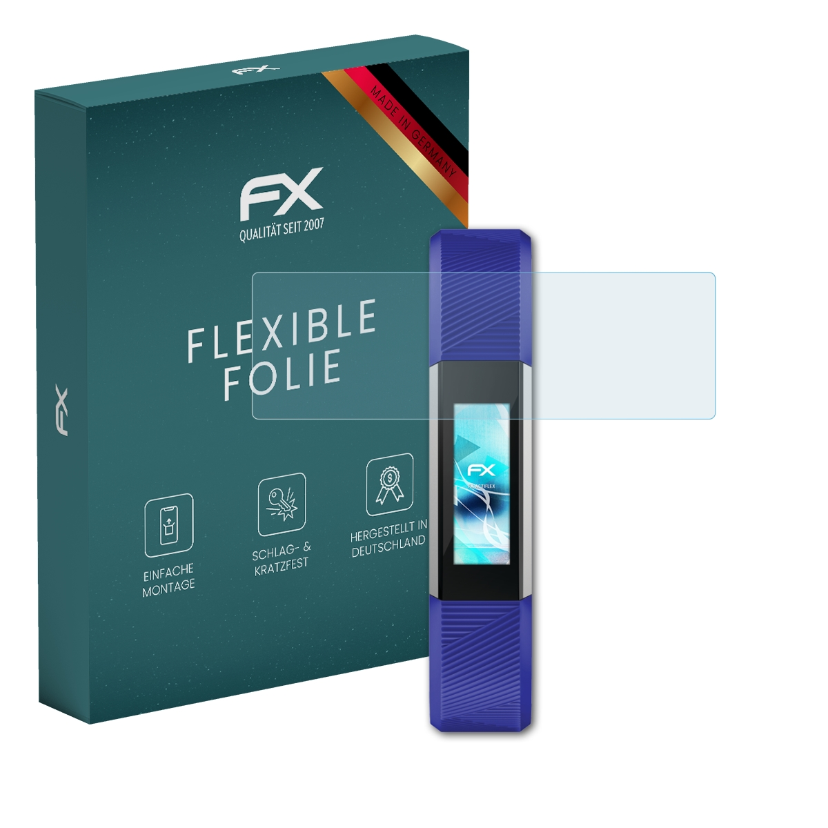 Türkisgrüne Box mit Fitnesstracker und Displayschutz. FX-Logo sichtbar. Tracker ist blau.