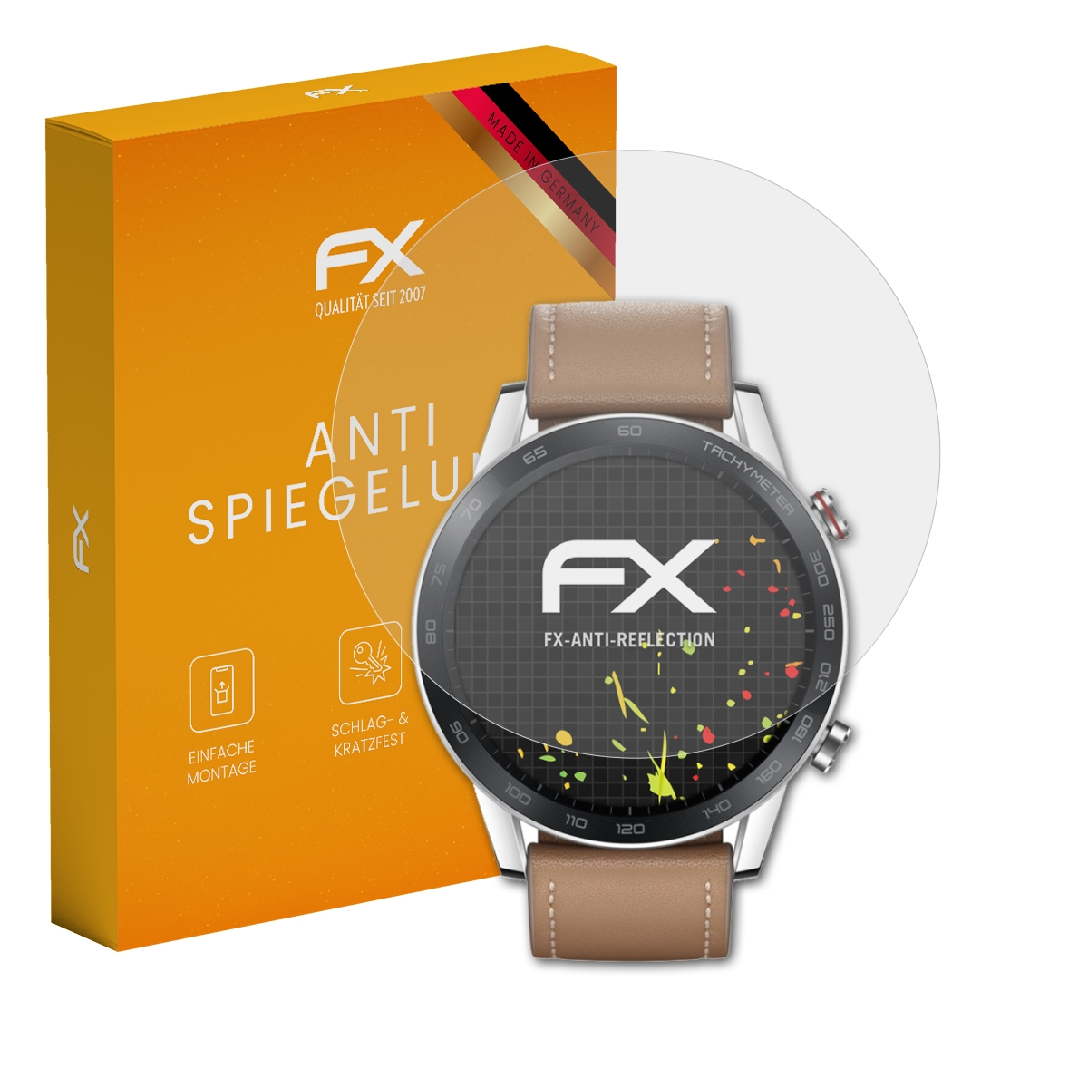 Eine Smartwatch mit Displayschutz und ihrer orangenen Box mit dem Text 'ANTI SPIEGELUNG'.