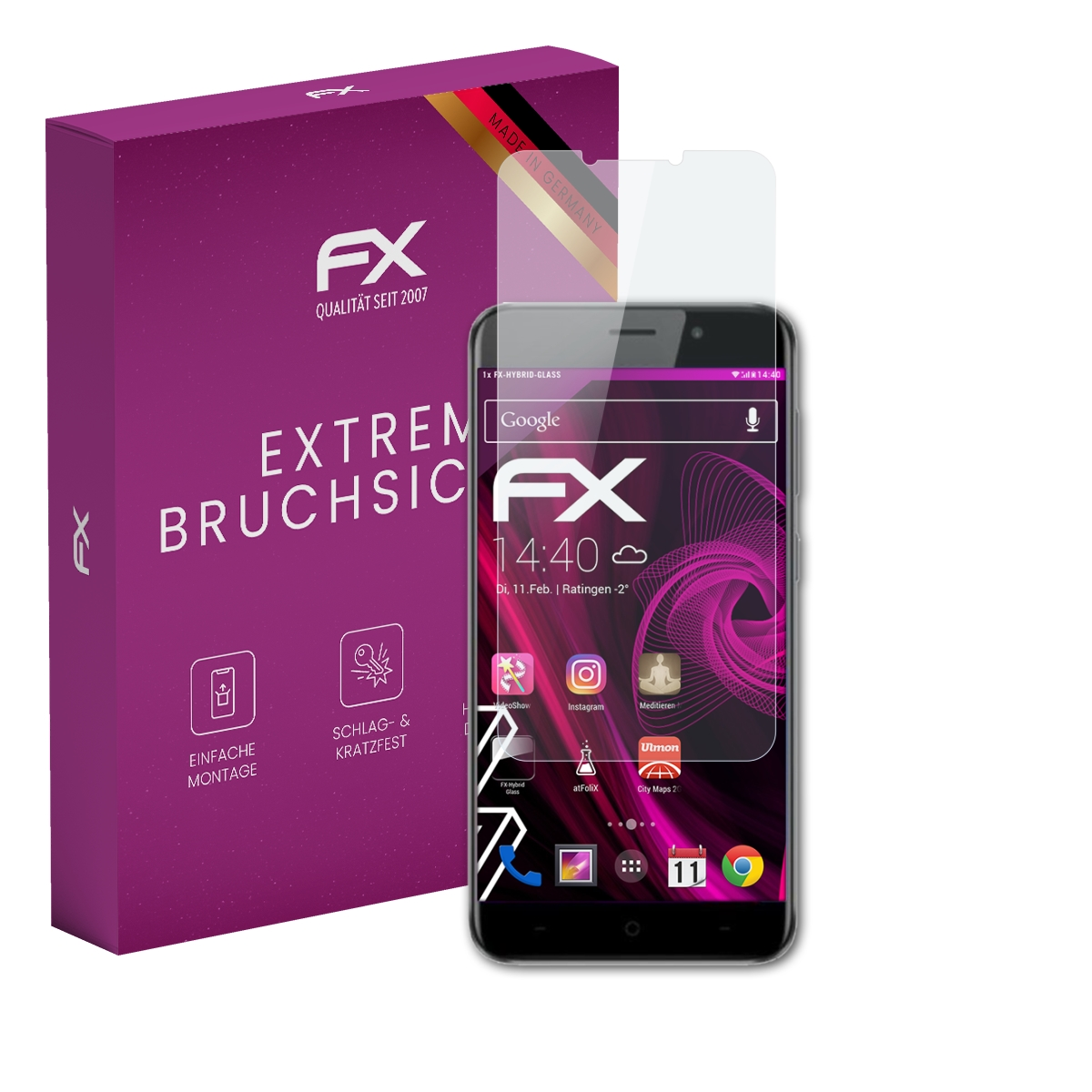 Smartphone mit Displayschutz neben einer Schachtel mit FX und Extreme BruchSich.